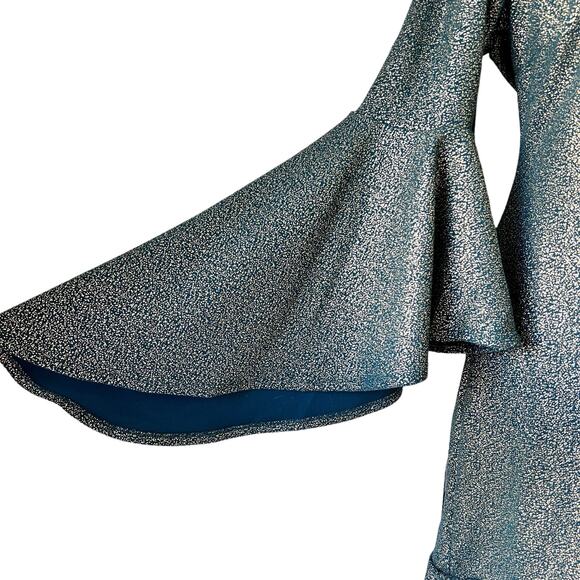 Venus Party Dress Medium Teal & Metallic Gold Asymmetrical Flare Sleeve Holiday - Picture 5 of 16